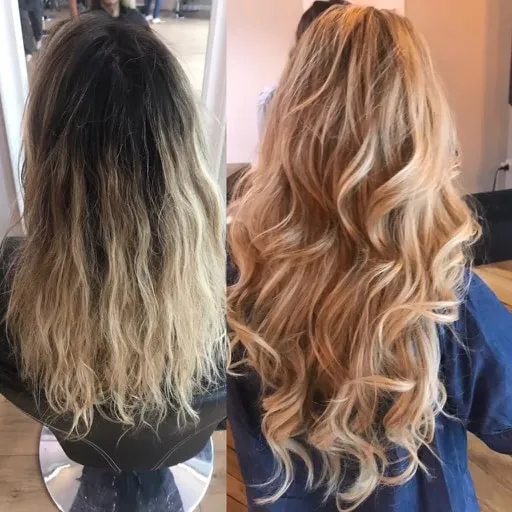 Avant après : de cheveux châtains mi-longs à une chevelure blonde ondulée