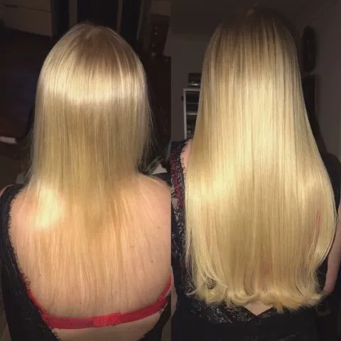 Avant après extensions : un carré blond transformé en cheveux longs et lisses