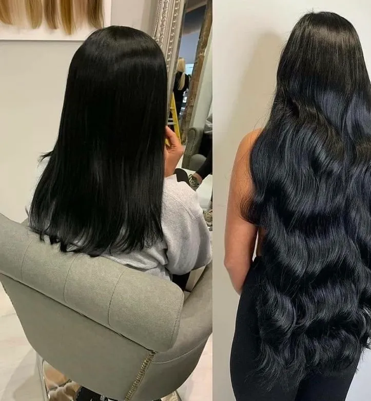 Avant après sur cheveux noirs : d'un carré à une chevelure très longue